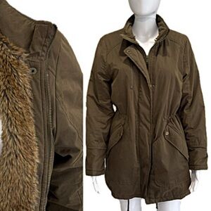 Barneys New York Faux Fur Lined Cargo Jacket Womens Size M Olive Y2K Parka Coat